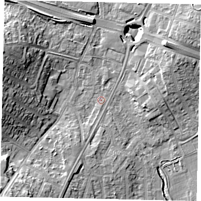 Shaded relief map of the ground around UB68RG, computed from Environment Agency LiDAR. The ground here sits at about 17 m above sea level and falls 17 m across the surrounding 800 m. Surface water reaching this point runs off ground lying to the south-south-west, 4.7 m higher.