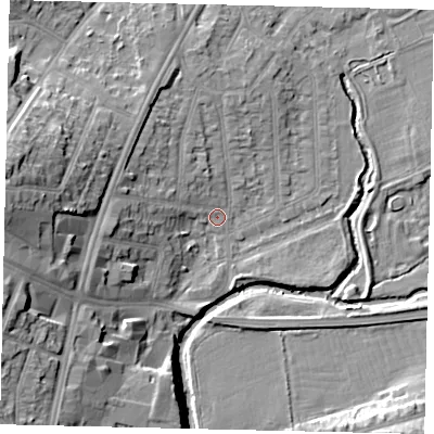 Shaded relief map of the ground around UB68RH, computed from Environment Agency LiDAR. The ground here sits at about 15 m above sea level and falls 20 m across the surrounding 800 m. Surface water reaching this point runs off ground lying to the west-south-west, 8.3 m higher.