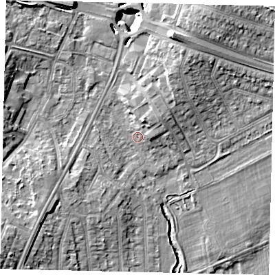 Shaded relief map of the ground around UB68RJ, computed from Environment Agency LiDAR. The ground here sits at about 17 m above sea level and falls 11 m across the surrounding 800 m. Surface water reaching this point runs off ground lying to the north-north-east, 10.6 m higher.