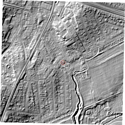 Shaded relief map of the ground around UB68RL, computed from Environment Agency LiDAR. The ground here sits at about 16 m above sea level and falls 11 m across the surrounding 800 m. Surface water reaching this point runs off ground lying to the south-west, 8.0 m higher.