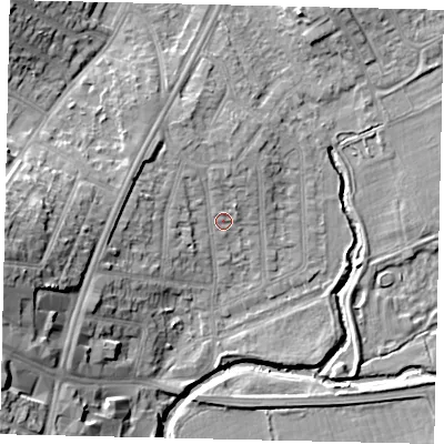Shaded relief map of the ground around UB68RP, computed from Environment Agency LiDAR. The ground here sits at about 16 m above sea level and falls 19 m across the surrounding 800 m. Surface water reaching this point runs off ground lying to the north-north-west, 3.2 m higher.