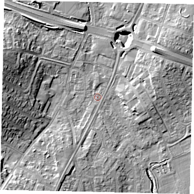 Shaded relief map of the ground around UB68RQ, computed from Environment Agency LiDAR. The ground here sits at about 17 m above sea level and falls 16 m across the surrounding 800 m. Surface water reaching this point runs off ground lying to the west-north-west, 15.9 m higher.
