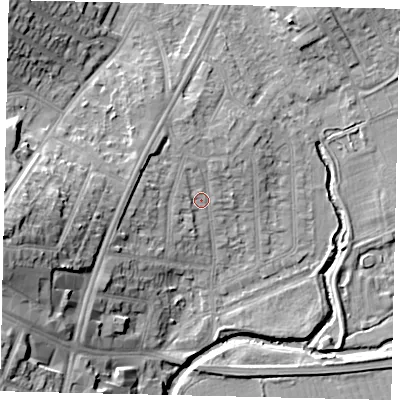 Shaded relief map of the ground around UB68RR, computed from Environment Agency LiDAR. The ground here sits at about 17 m above sea level and falls 21 m across the surrounding 800 m. Surface water reaching this point runs off ground lying to the north-north-west, 2.8 m higher.