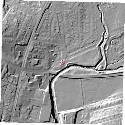 Shaded relief map of the ground around UB68RS, computed from Environment Agency LiDAR. The ground here sits at about 15 m above sea level and falls 21 m across the surrounding 800 m. Surface water reaching this point runs off ground lying to the west, 10.1 m higher.
