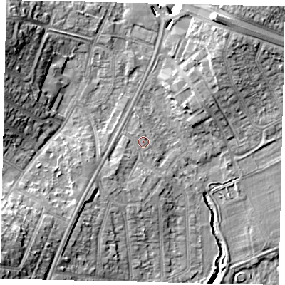 Shaded relief map of the ground around UB68RU, computed from Environment Agency LiDAR. The ground here sits at about 17 m above sea level and falls 17 m across the surrounding 800 m. Surface water reaching this point runs off ground lying to the south-west, 2.4 m higher.