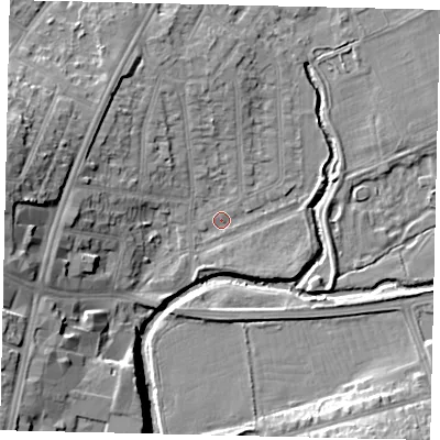Shaded relief map of the ground around UB68RY, computed from Environment Agency LiDAR. The ground here sits at about 14 m above sea level and falls 17 m across the surrounding 800 m. Surface water reaching this point runs off ground lying to the west-south-west, 8.9 m higher.