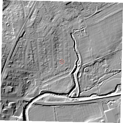 Shaded relief map of the ground around UB68RZ, computed from Environment Agency LiDAR. The ground here sits at about 15 m above sea level and falls 12 m across the surrounding 800 m. Surface water reaching this point runs off ground lying to the north-north-west, 3.3 m higher.