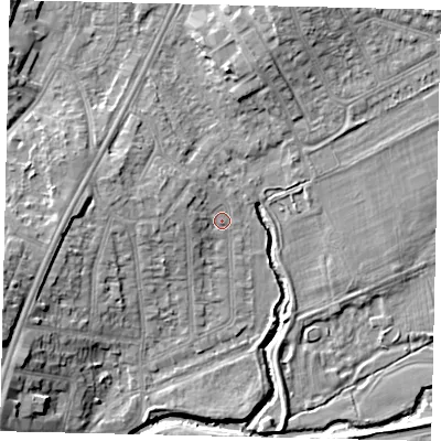 Shaded relief map of the ground around UB68SA, computed from Environment Agency LiDAR. The ground here sits at about 16 m above sea level and falls 12 m across the surrounding 800 m. Surface water reaching this point runs off ground lying to the west-north-west, 2.7 m higher.
