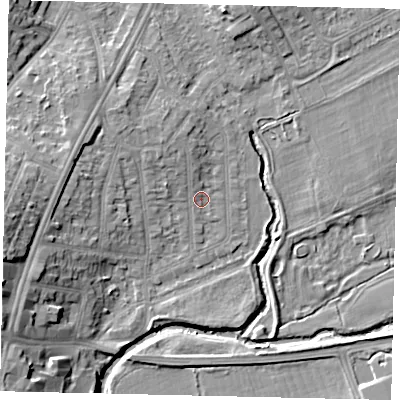 Shaded relief map of the ground around UB68SB, computed from Environment Agency LiDAR. The ground here sits at about 16 m above sea level and falls 14 m across the surrounding 800 m. Surface water reaching this point runs off ground lying to the north-west, 2.3 m higher.