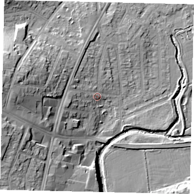 Shaded relief map of the ground around UB68SN, computed from Environment Agency LiDAR. The ground here sits at about 17 m above sea level and falls 22 m across the surrounding 800 m. Surface water reaching this point runs off ground lying to the south-west, 6.5 m higher.