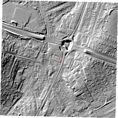 Shaded relief map of the ground around UB68SR, computed from Environment Agency LiDAR. The ground here sits at about 18 m above sea level and falls 13 m across the surrounding 800 m. Surface water reaching this point runs off ground lying to the north-east, 12.6 m higher.