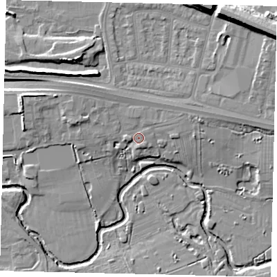 Shaded relief map of the ground around UB68SS, computed from Environment Agency LiDAR. The ground here sits at about 20 m above sea level and falls 15 m across the surrounding 800 m. Surface water reaching this point runs off ground lying to the east-north-east, 2.7 m higher.