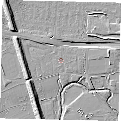 Shaded relief map of the ground around UB68TG, computed from Environment Agency LiDAR. The ground here sits at about 18 m above sea level and falls 15 m across the surrounding 800 m. Surface water reaching this point runs off ground lying to the east-north-east, 0.6 m higher.