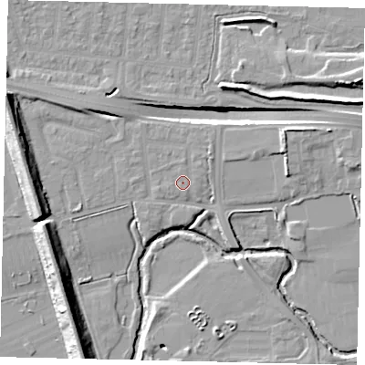 Shaded relief map of the ground around UB68TH, computed from Environment Agency LiDAR. The ground here sits at about 18 m above sea level and falls 14 m across the surrounding 800 m. Surface water reaching this point runs off ground lying to the north-east, 0.8 m higher.