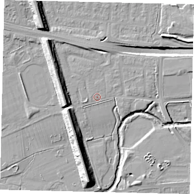 Shaded relief map of the ground around UB68TJ, computed from Environment Agency LiDAR. The ground here sits at about 18 m above sea level and falls 15 m across the surrounding 800 m. Surface water reaching this point runs off ground lying to the west-south-west, 1.1 m higher.