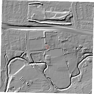 Shaded relief map of the ground around UB68TL, computed from Environment Agency LiDAR. The ground here sits at about 19 m above sea level and falls 13 m across the surrounding 800 m. Surface water reaching this point runs off ground lying to the north-north-east, 4.6 m higher.