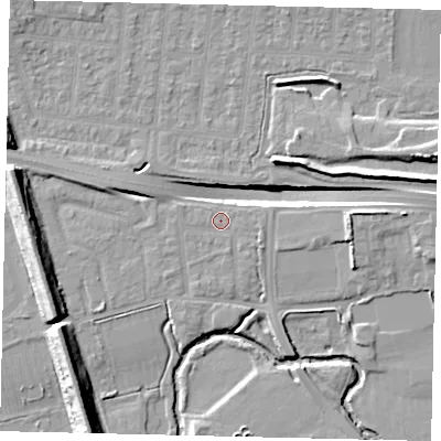 Shaded relief map of the ground around UB68TQ, computed from Environment Agency LiDAR. The ground here sits at about 18 m above sea level and falls 14 m across the surrounding 800 m. Surface water reaching this point runs off ground lying to the east-south-east, 1.1 m higher.