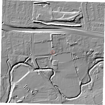 Shaded relief map of the ground around UB68UT, computed from Environment Agency LiDAR. The ground here sits at about 18 m above sea level and falls 13 m across the surrounding 800 m. Surface water reaching this point runs off ground lying to the north, 5.3 m higher.