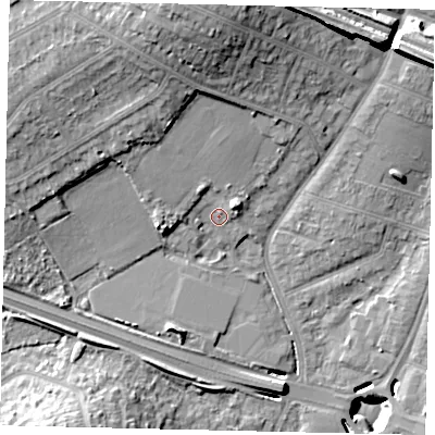 Shaded relief map of the ground around UB68XF, computed from Environment Agency LiDAR. The ground here sits at about 20 m above sea level and falls 21 m across the surrounding 800 m. Surface water reaching this point runs off ground lying to the north-north-west, 9.4 m higher.