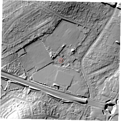 Shaded relief map of the ground around UB68XG, computed from Environment Agency LiDAR. The ground here sits at about 20 m above sea level and falls 20 m across the surrounding 800 m. Surface water reaching this point runs off ground lying to the north-north-west, 2.5 m higher.