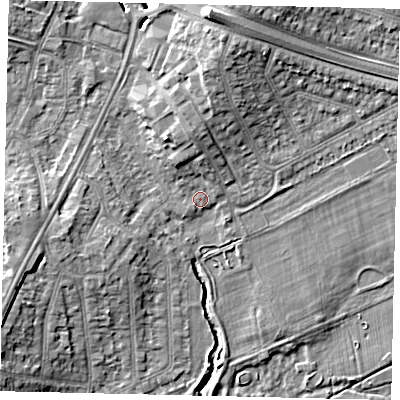 Shaded relief map of the ground around UB68XP, computed from Environment Agency LiDAR. The ground here sits at about 17 m above sea level and falls 11 m across the surrounding 800 m. Surface water reaching this point runs off ground lying to the north, 4.4 m higher.