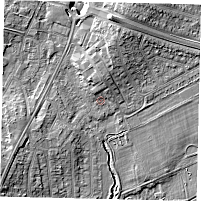 Shaded relief map of the ground around UB68XW, computed from Environment Agency LiDAR. The ground here sits at about 17 m above sea level and falls 11 m across the surrounding 800 m. Surface water reaching this point runs off ground lying to the north, 3.2 m higher.
