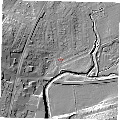Shaded relief map of the ground around UB68YT, computed from Environment Agency LiDAR. The ground here sits at about 14 m above sea level and falls 19 m across the surrounding 800 m. Surface water reaching this point runs off ground lying to the west-south-west, 8.9 m higher.