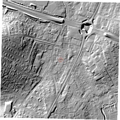 Shaded relief map of the ground around UB69AA, computed from Environment Agency LiDAR. The ground here sits at about 17 m above sea level and falls 19 m across the surrounding 800 m. Surface water reaching this point runs off ground lying to the west-north-west, 15.7 m higher.