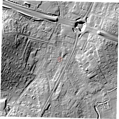 Shaded relief map of the ground around UB69AB, computed from Environment Agency LiDAR. The ground here sits at about 17 m above sea level and falls 17 m across the surrounding 800 m. Surface water reaching this point runs off ground lying to the west-north-west, 17.1 m higher.
