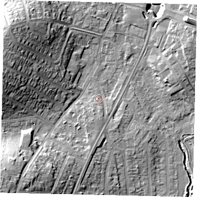 Shaded relief map of the ground around UB69AD, computed from Environment Agency LiDAR. The ground here sits at about 18 m above sea level and falls 21 m across the surrounding 800 m. Surface water reaching this point runs off ground lying to the south, 2.7 m higher.