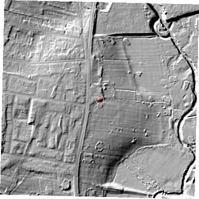 Shaded relief map of the ground around UB69BQ, computed from Environment Agency LiDAR. The ground here sits at about 23 m above sea level and falls 17 m across the surrounding 800 m. Surface water reaching this point runs off ground lying to the north-west, 2.3 m higher.