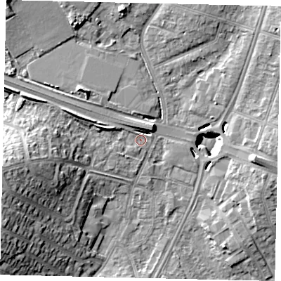 Shaded relief map of the ground around UB69JR, computed from Environment Agency LiDAR. The ground here sits at about 18 m above sea level and falls 19 m across the surrounding 800 m. Surface water reaching this point runs off ground lying to the west-south-west, 14.9 m higher.