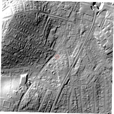 Shaded relief map of the ground around UB69JX, computed from Environment Agency LiDAR. The ground here sits at about 18 m above sea level and falls 21 m across the surrounding 800 m. Surface water reaching this point runs off ground lying to the south-west, 17.1 m higher.