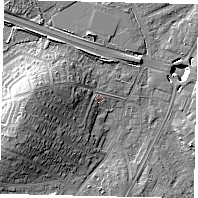 Shaded relief map of the ground around UB69NE, computed from Environment Agency LiDAR. The ground here sits at about 20 m above sea level and falls 20 m across the surrounding 800 m. Surface water reaching this point runs off ground lying to the west, 13.8 m higher.
