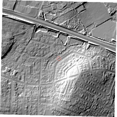Shaded relief map of the ground around UB69NX, computed from Environment Agency LiDAR. The ground here sits at about 22 m above sea level and falls 14 m across the surrounding 800 m. Surface water reaching this point runs off ground lying to the south-south-east, 10.1 m higher.
