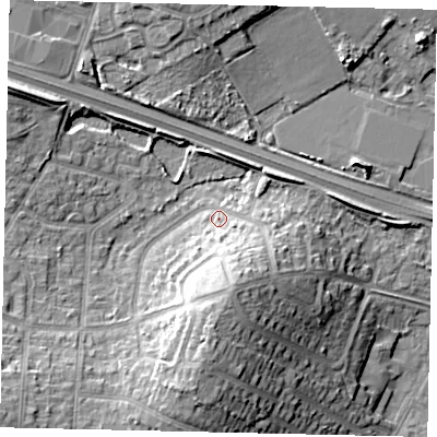 Shaded relief map of the ground around UB69NZ, computed from Environment Agency LiDAR. The ground here sits at about 23 m above sea level and falls 16 m across the surrounding 800 m. Surface water reaching this point runs off ground lying to the south-south-east, 10.4 m higher.