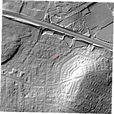 Shaded relief map of the ground around UB69SJ, computed from Environment Agency LiDAR. The ground here sits at about 23 m above sea level and falls 14 m across the surrounding 800 m. Surface water reaching this point runs off ground lying to the south-east, 12.1 m higher.
