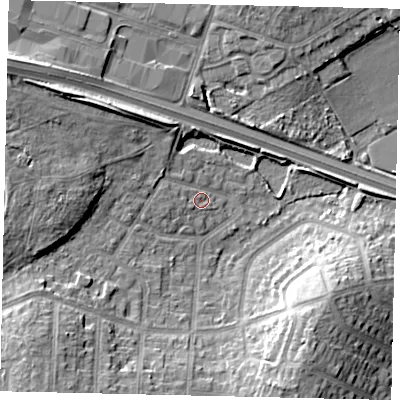 Shaded relief map of the ground around UB69SL, computed from Environment Agency LiDAR. The ground here sits at about 23 m above sea level and falls 13 m across the surrounding 800 m. Surface water reaching this point runs off ground lying to the west-north-west, 2.8 m higher.