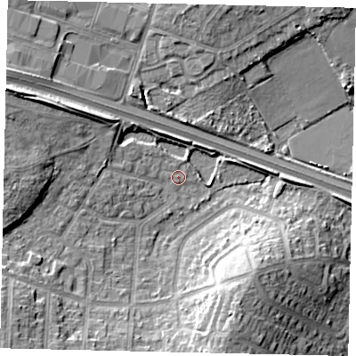 Shaded relief map of the ground around UB69UH, computed from Environment Agency LiDAR. The ground here sits at about 22 m above sea level and falls 14 m across the surrounding 800 m. Surface water reaching this point runs off ground lying to the south-south-east, 13.0 m higher.
