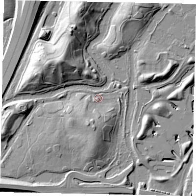 Shaded relief map of the ground around UB70BF, computed from Environment Agency LiDAR. The ground here sits at about 24 m above sea level and falls 22 m across the surrounding 800 m. Surface water reaching this point runs off ground lying to the south, 9.8 m higher.