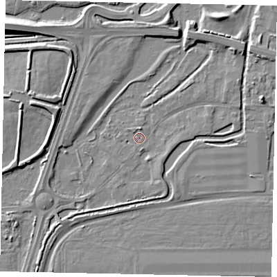 Shaded relief map of the ground around UB70EE, computed from Environment Agency LiDAR. The ground here sits at about 23 m above sea level and falls 8 m across the surrounding 800 m. Surface water reaching this point runs off ground lying to the south-south-west, 0.8 m higher.