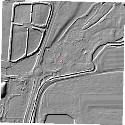 Shaded relief map of the ground around UB70EF, computed from Environment Agency LiDAR. The ground here sits at about 23 m above sea level and falls 7 m across the surrounding 800 m. Surface water reaching this point runs off ground lying to the east-north-east, 2.3 m higher.