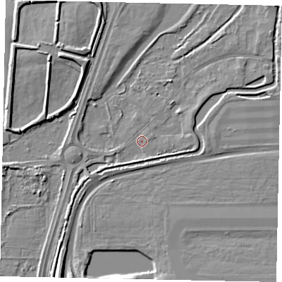 Shaded relief map of the ground around UB70EG, computed from Environment Agency LiDAR. The ground here sits at about 23 m above sea level and falls 7 m across the surrounding 800 m. Surface water reaching this point runs off ground lying to the east-north-east, 2.3 m higher.