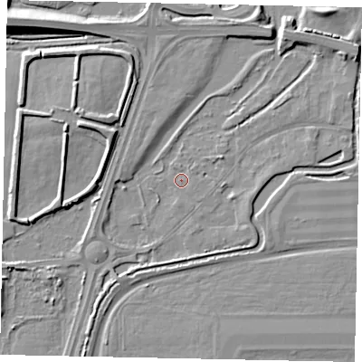 Shaded relief map of the ground around UB70ER, computed from Environment Agency LiDAR. The ground here sits at about 23 m above sea level and falls 9 m across the surrounding 800 m. Surface water reaching this point runs off ground lying to the north-east, 4.8 m higher.