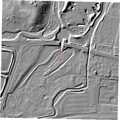 Shaded relief map of the ground around UB70ES, computed from Environment Agency LiDAR. The ground here sits at about 23 m above sea level and falls 16 m across the surrounding 800 m. Surface water reaching this point runs off ground lying to the south-south-west, 0.7 m higher.