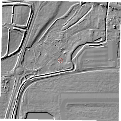 Shaded relief map of the ground around UB70EW, computed from Environment Agency LiDAR. The ground here sits at about 23 m above sea level and falls 7 m across the surrounding 800 m. Surface water reaching this point runs off ground lying to the east-north-east, 1.8 m higher.