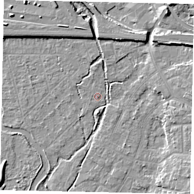 Shaded relief map of the ground around UB77AF, computed from Environment Agency LiDAR. The ground here sits at about 25 m above sea level and falls 11 m across the surrounding 800 m. Surface water reaching this point runs off ground lying to the north-north-west, 8.1 m higher.