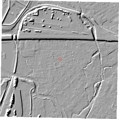 Shaded relief map of the ground around UB77AH, computed from Environment Agency LiDAR. The ground here sits at about 26 m above sea level and falls 12 m across the surrounding 800 m. Surface water reaching this point runs off ground lying to the south-south-west, 1.0 m higher.