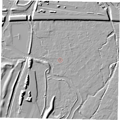 Shaded relief map of the ground around UB77AJ, computed from Environment Agency LiDAR. The ground here sits at about 25 m above sea level and falls 12 m across the surrounding 800 m. Surface water reaching this point runs off ground lying to the north-east, 0.9 m higher.