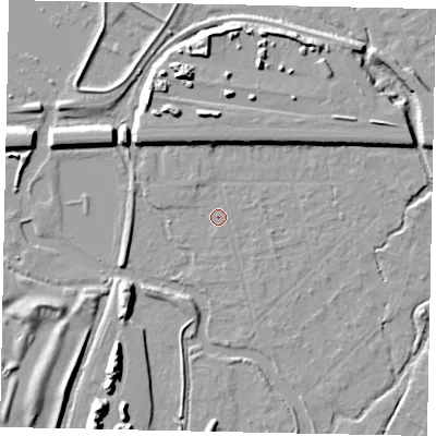 Shaded relief map of the ground around UB77AL, computed from Environment Agency LiDAR. The ground here sits at about 26 m above sea level and falls 12 m across the surrounding 800 m. Surface water reaching this point runs off ground lying to the north-north-west, 6.0 m higher.
